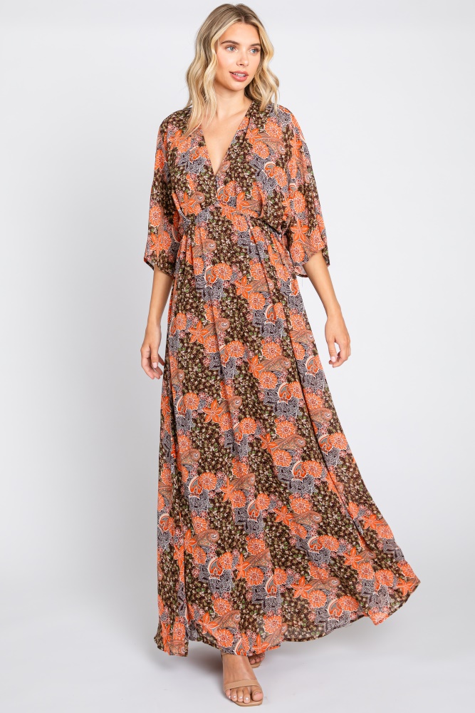 brown floral paisley chiffon maxi dress