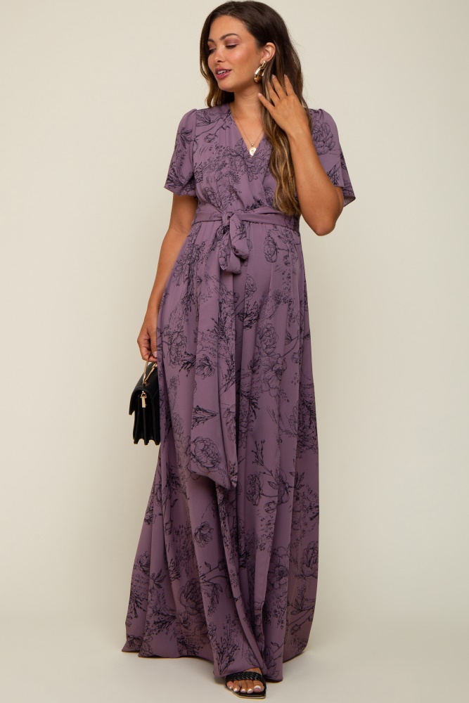 Lavender Floral Chiffon Long Sleeve Pleated Maternity Maxi Dress