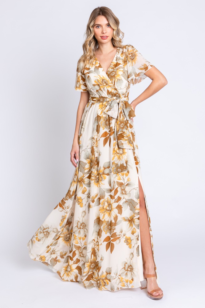 cream floral v-neck side slit dress