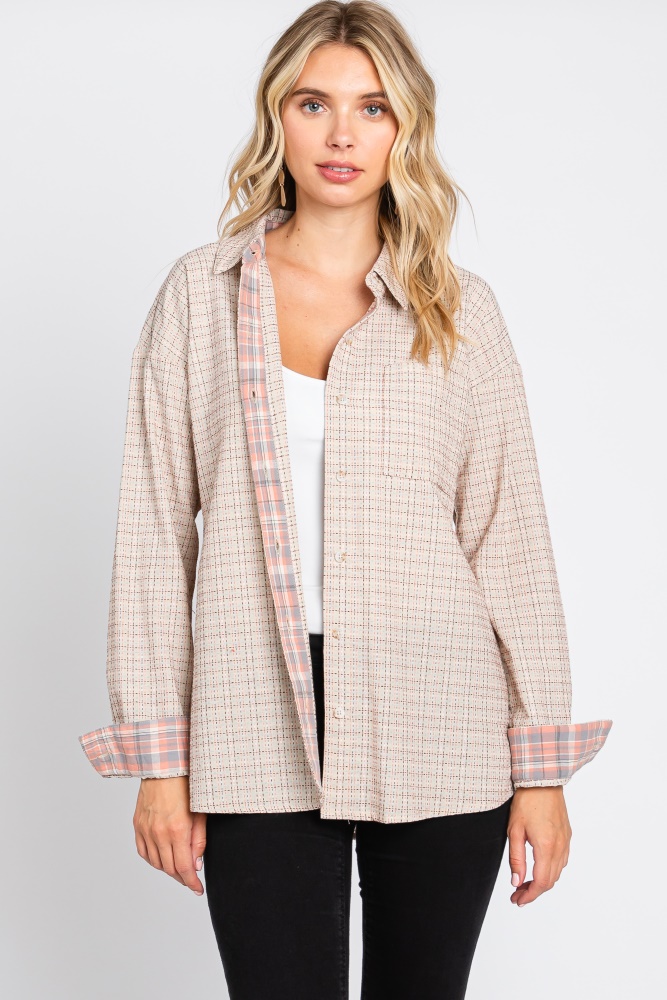 taupe plaid stitched button-down top