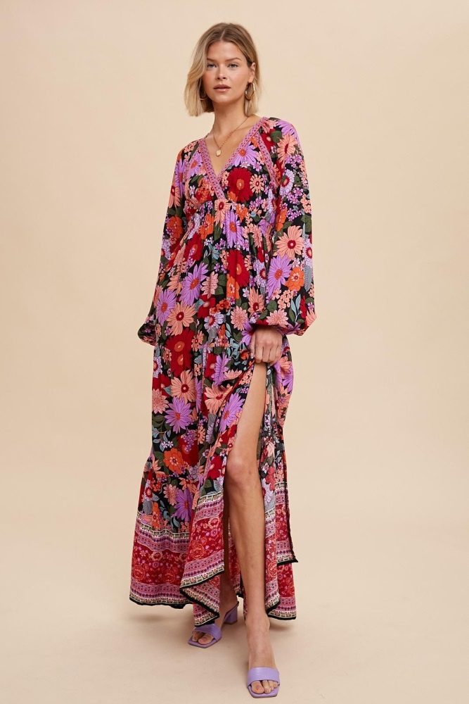 black floral long sleeve tiered maxi dress