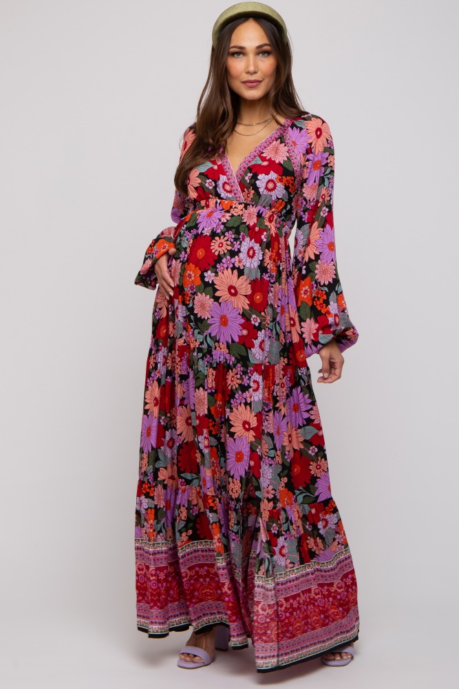 black floral long sleeve tiered maternity maxi dress