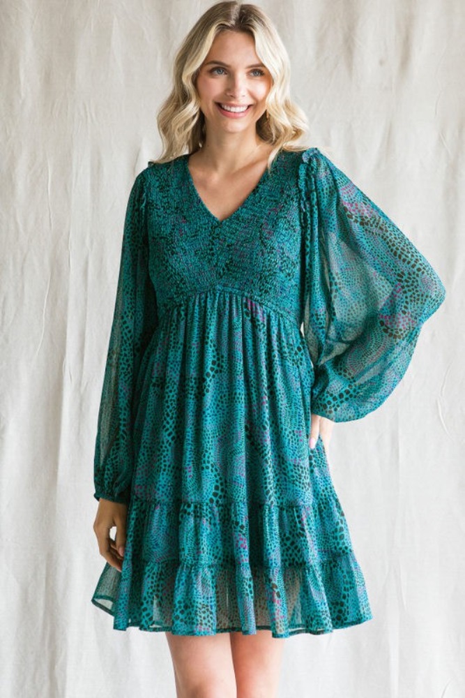 teal printed smocked long sleeve dress