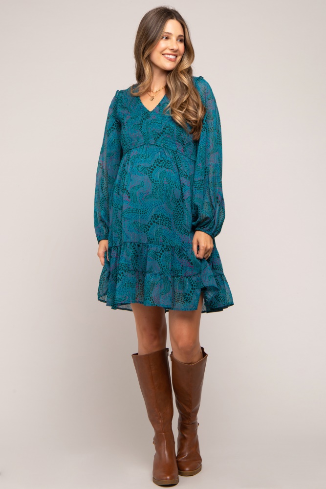 teal printed smocked long sleeve maternity dress