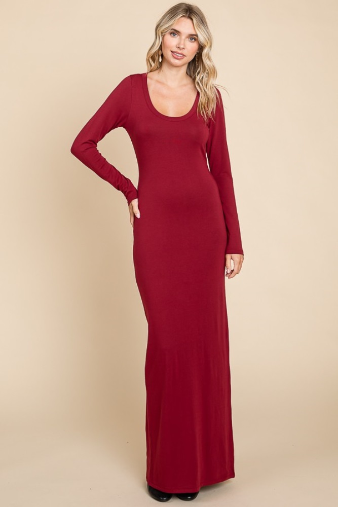 burgundy solid long sleeve scoop neck maxi dress