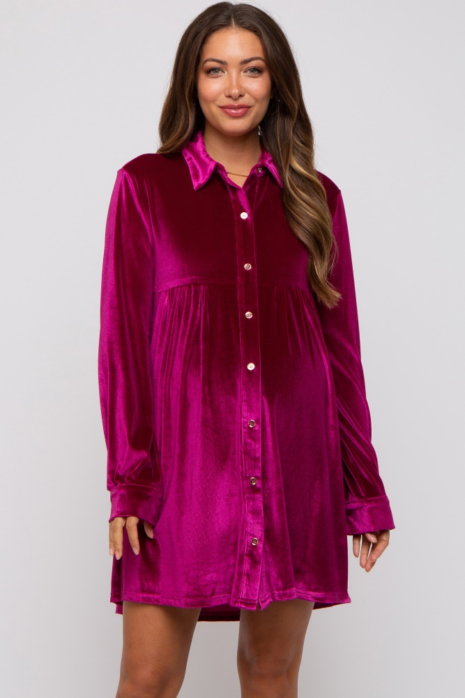 magenta velvet button down maternity dress