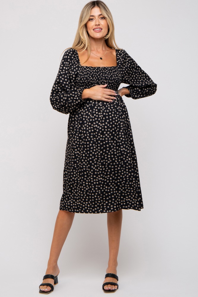black floral smocked long sleeve maternity dress