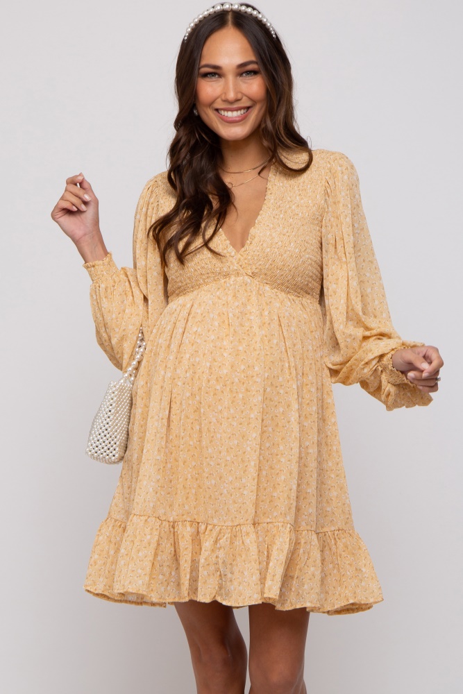 yellow floral smocked long sleeve maternity dress