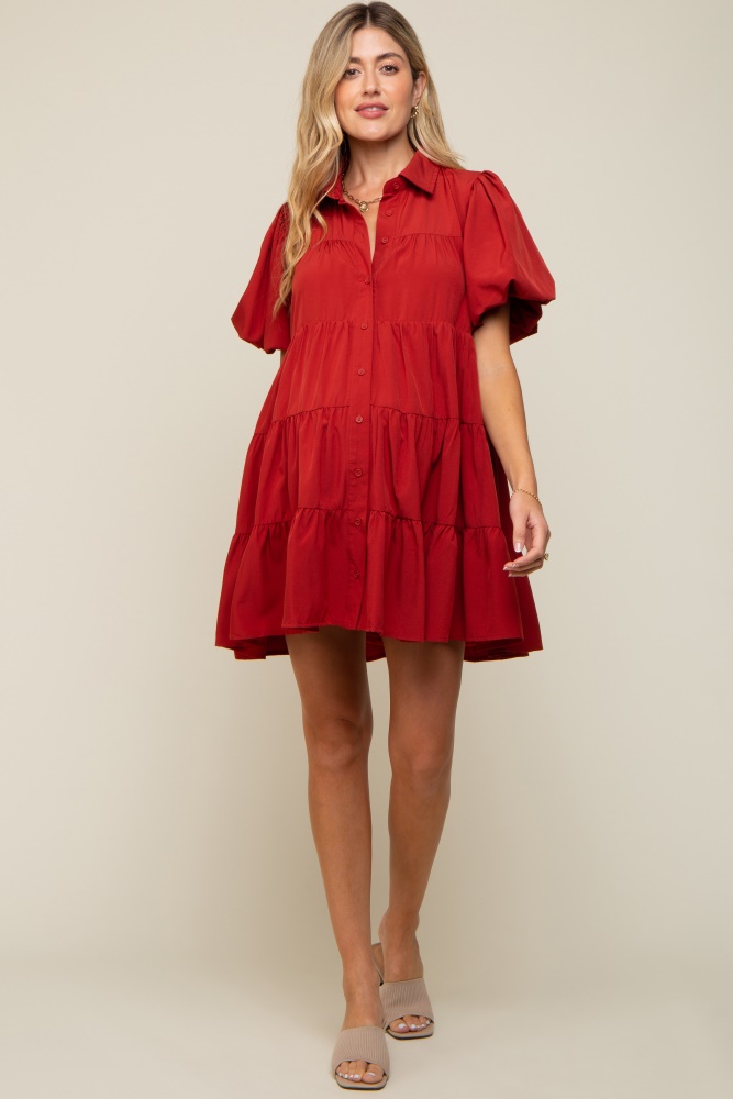 rust puff sleeve maternity mini shirt dress