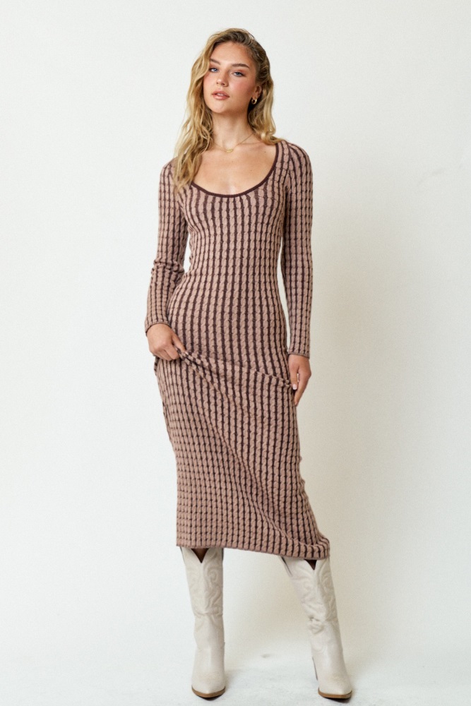 brown cable knit fitted midi dress