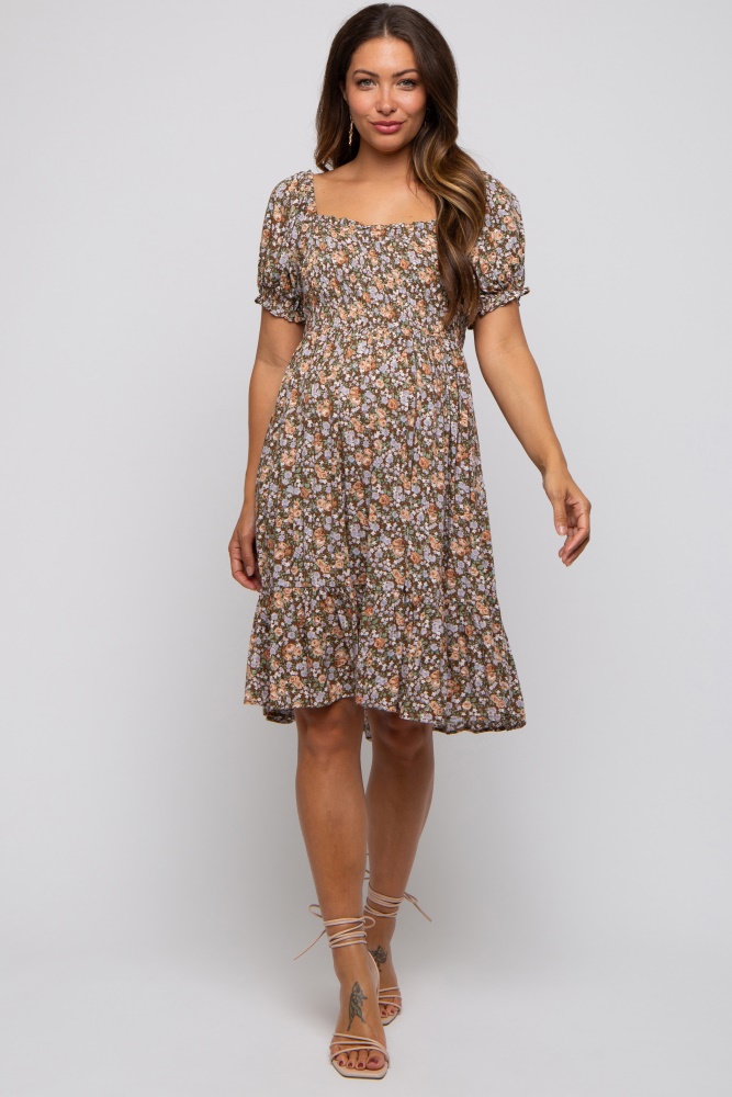 mocha floral smocked square neck short sleeve maternity dress