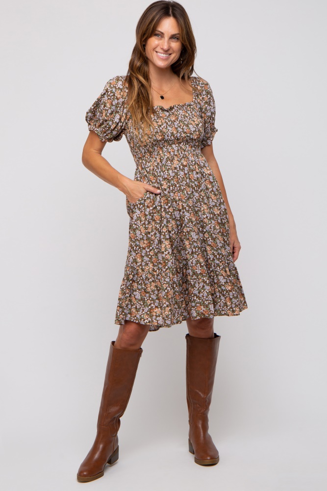 mocha floral smocked square neck short sleeve dress