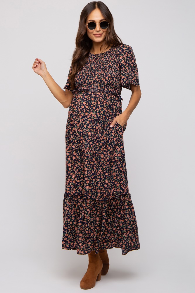 navy blue floral smocked flutter short sleeve maternity midi dress