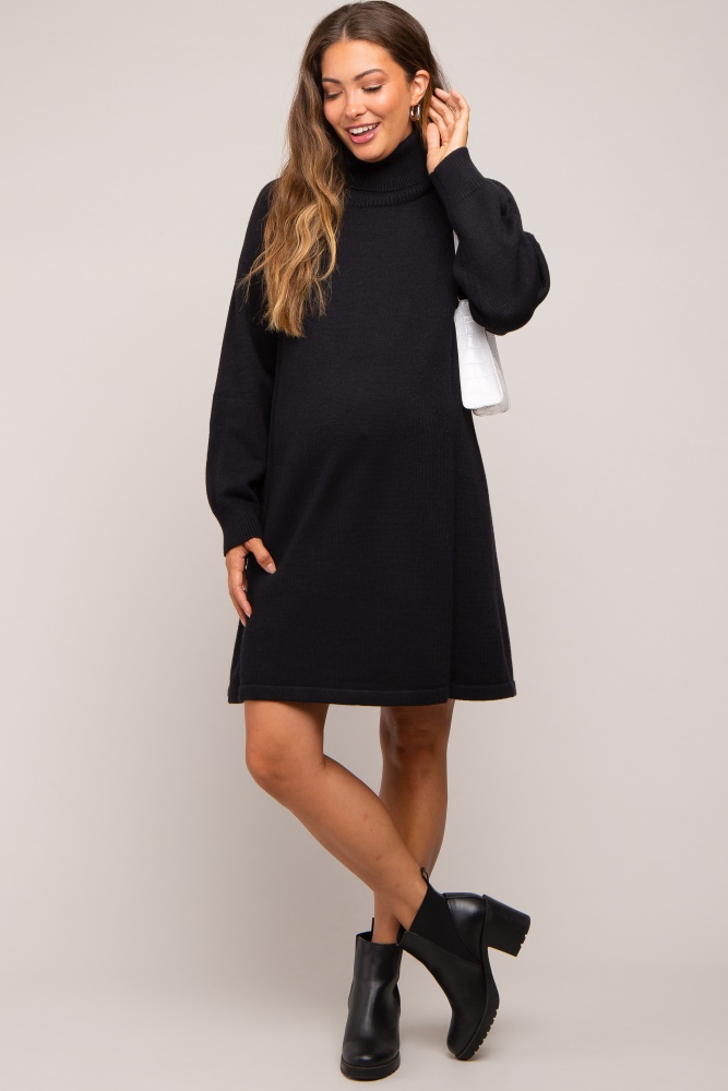 black turtleneck long sleeve maternity sweater dress