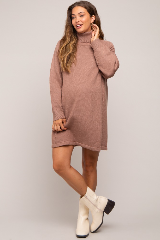 mocha knit turtleneck maternity sweater dress