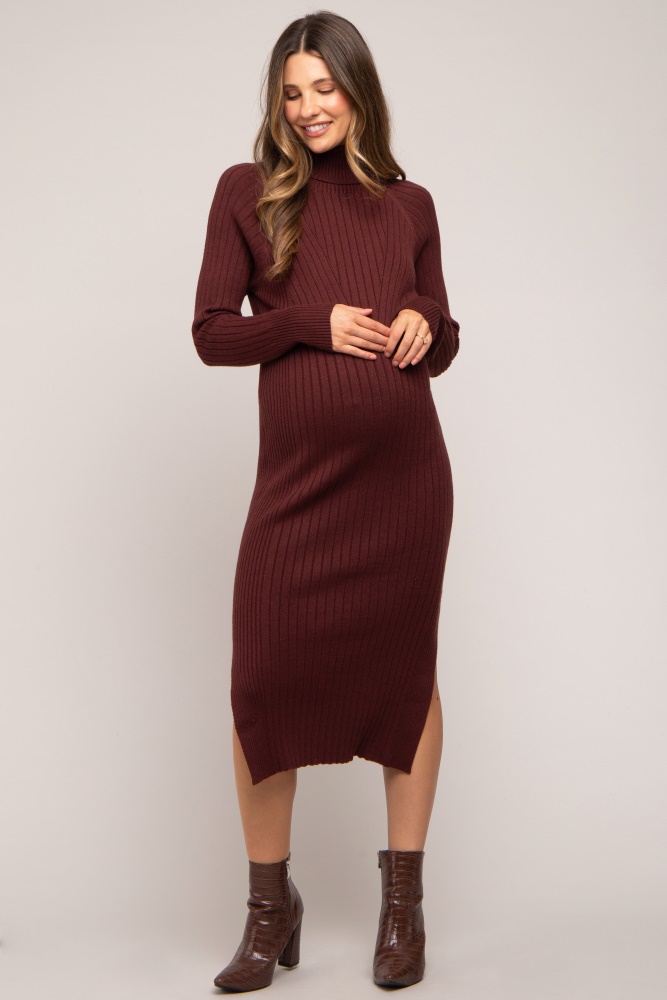 brown long sleeve turtleneck maternity sweater dress