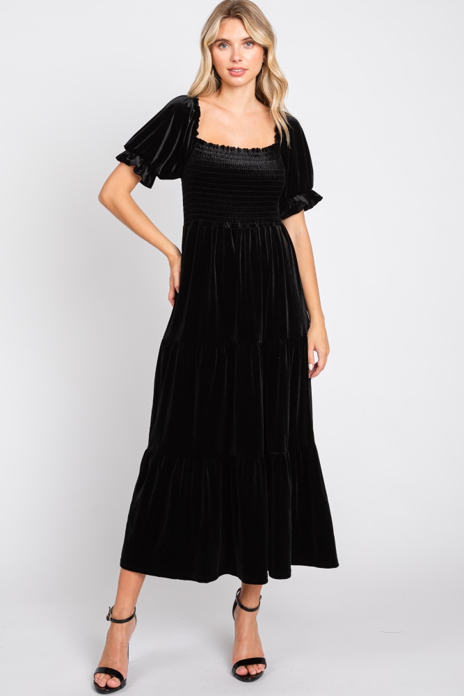 black velvet tiered midi dress