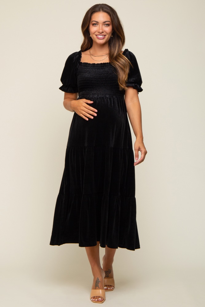 black velvet tiered maternity midi dress