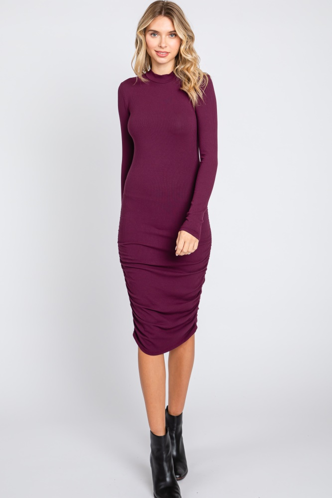 plum ribbed mock neck ruched long sleeve dress