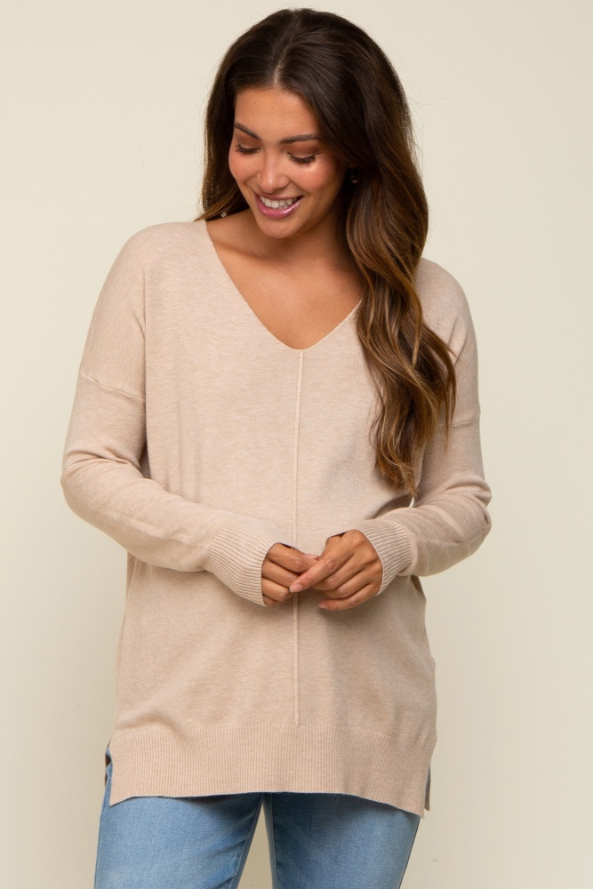 Beige Long Sleeve Side Slit Maternity Sweater