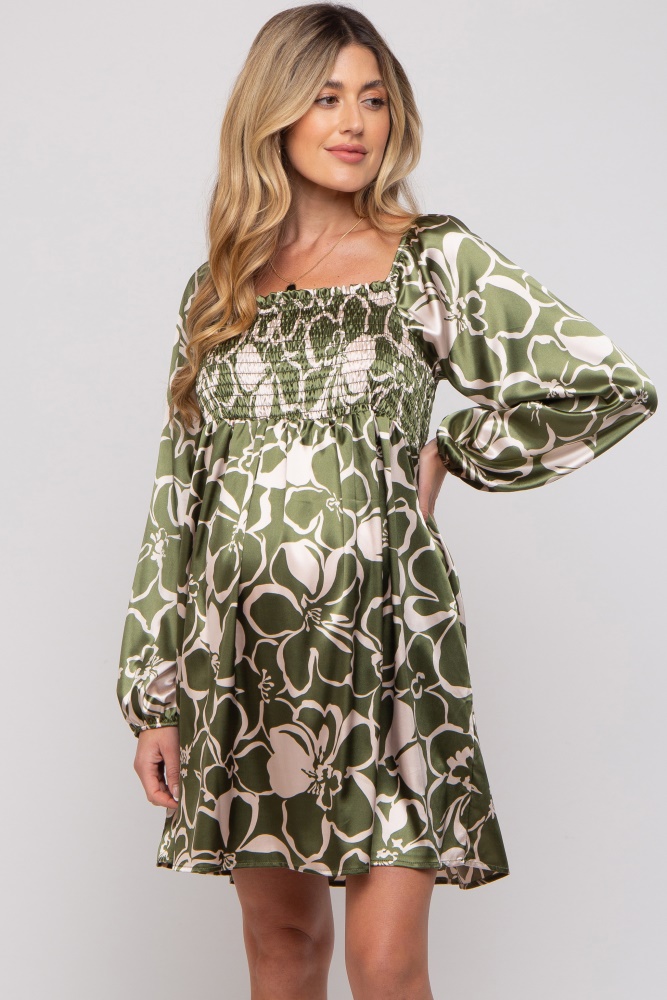 olive floral satin long sleeve maternity dress