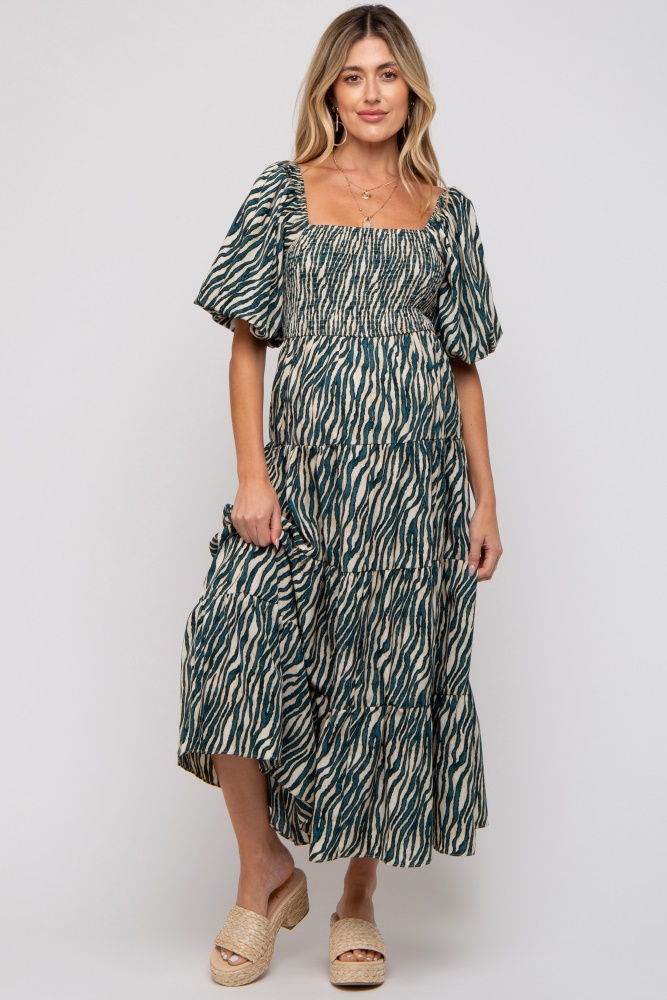 teal printed smocked maternity maxi dress