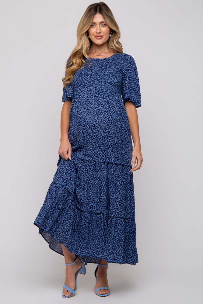 blue ditsy floral smocked ruffle tiered maternity midi dress