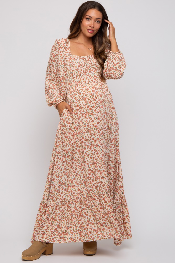 cream floral square neck ruffle maternity maxi dress