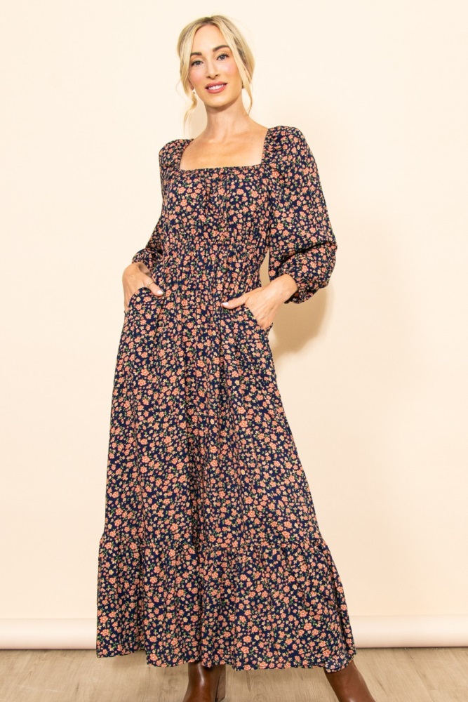 navy blue floral square neck ruffle maxi dress