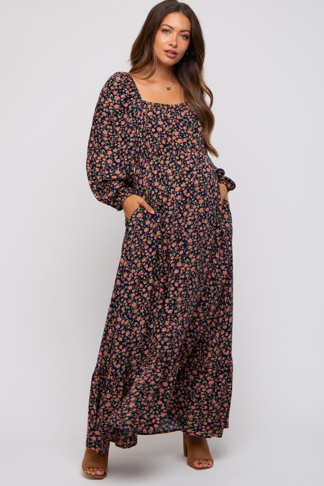 navy blue floral square neck ruffle maternity maxi dress