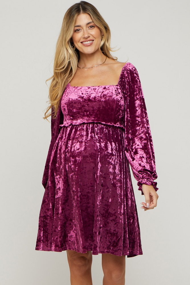 magenta velour square neck maternity dress