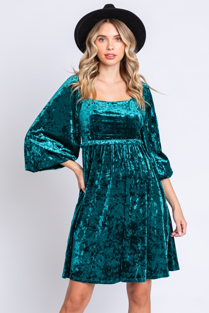 green teal velour square neck dress