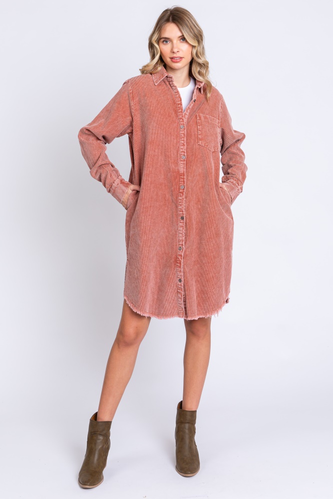 rust corduroy button down collared dress