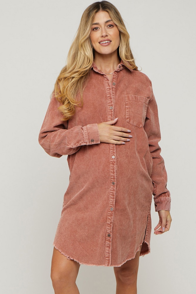 rust corduroy button down collared maternity dress