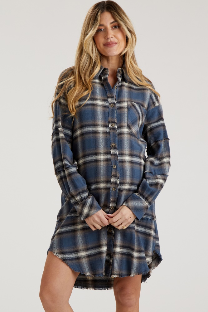 blue plaid button down raw hem maternity dress