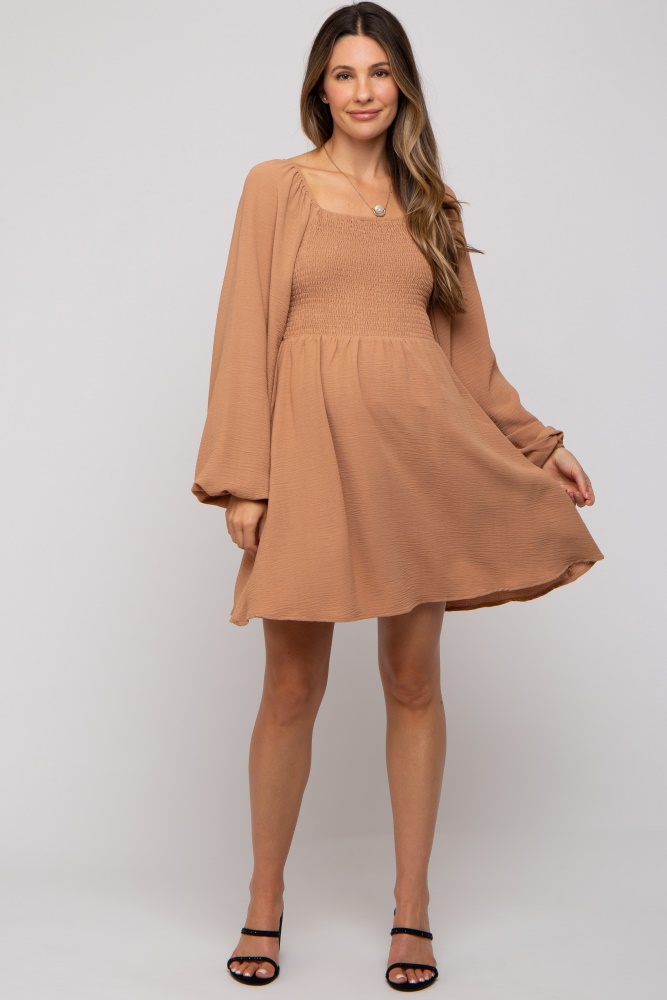 camel tie back smocked long sleeve maternity dress