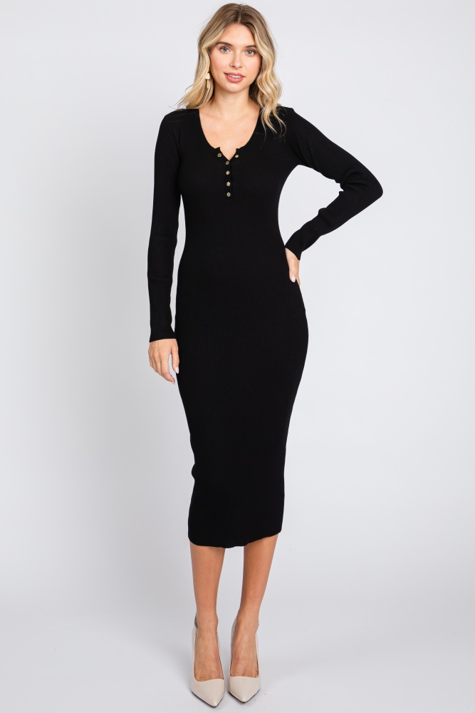 black ribbed fitted button long sleeve dress