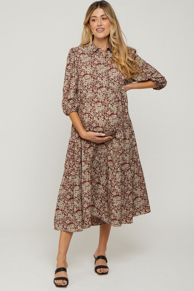 burgundy floral collared tiered maternity maxi dress