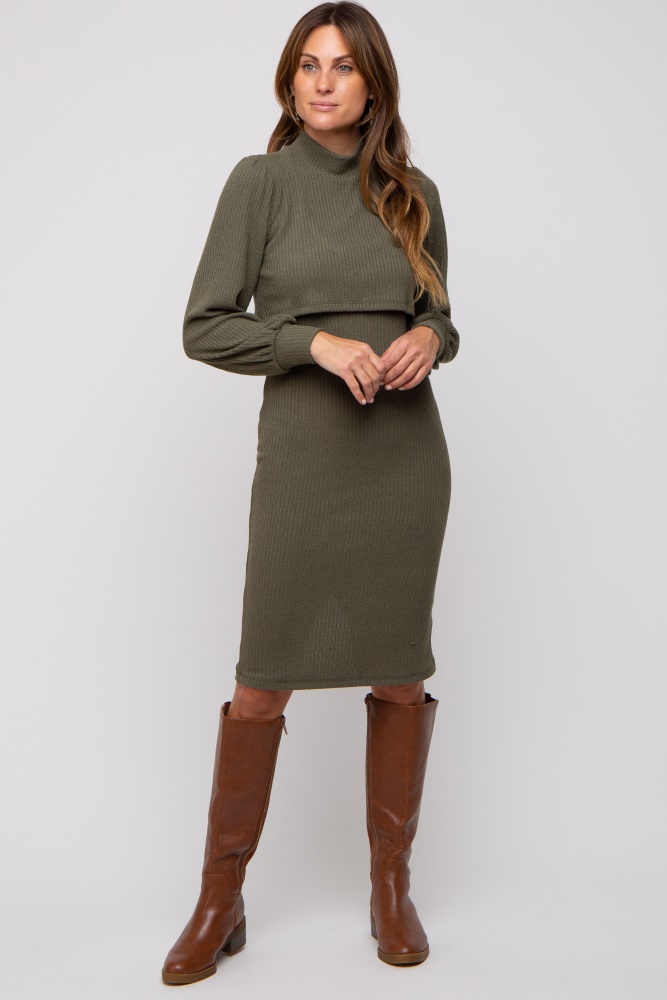 olive rib knit mock neck mock neck nursing dress