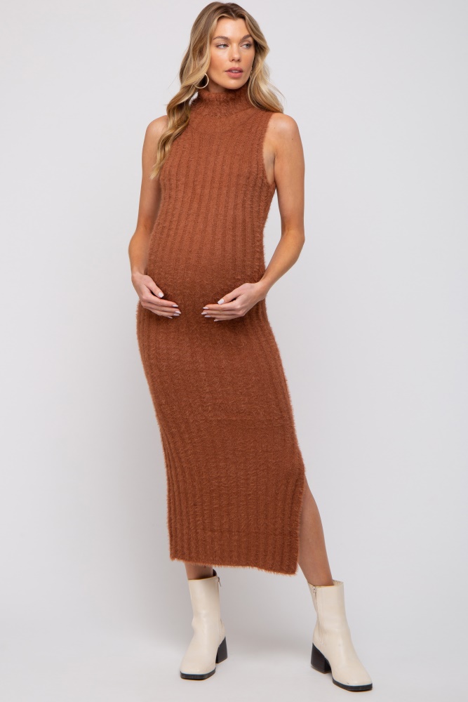 camel fuzzy knit sleeveless turtle neck maternity midi dress