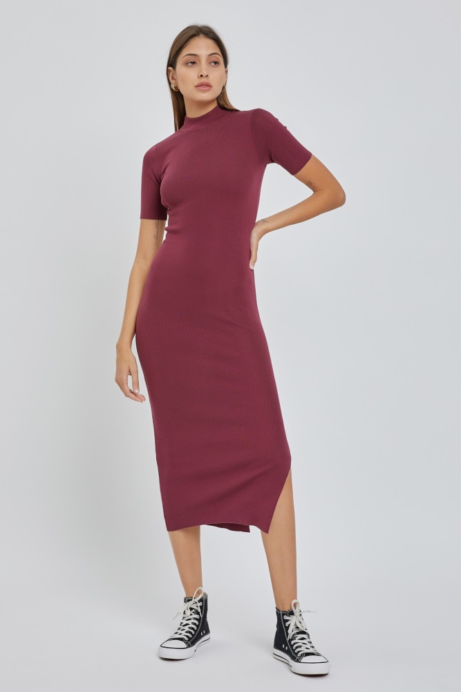 burgundy knit fitted mock neck midi dress