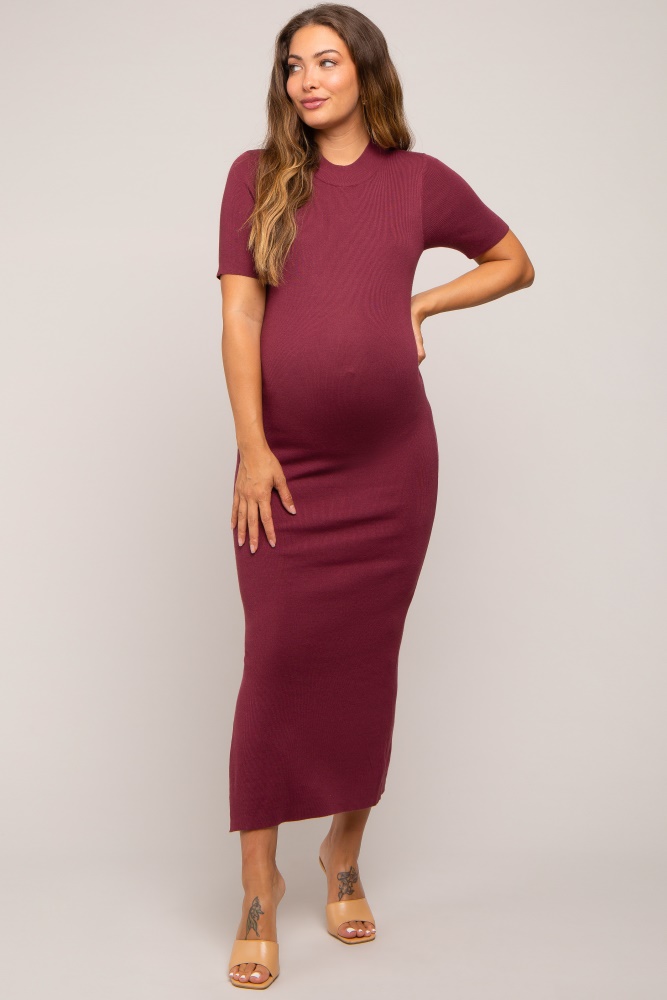 burgundy knit fitted mock neck maternity midi dress