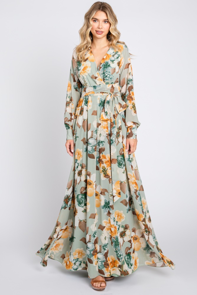 mint green floral chiffon wrap front v-neck long sleeve maxi dress