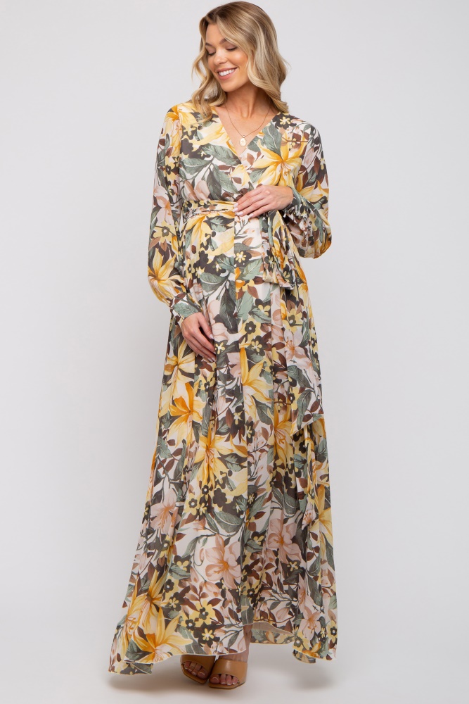 yellow floral chiffon wrap front v-neck long sleeve maternity maxi dress