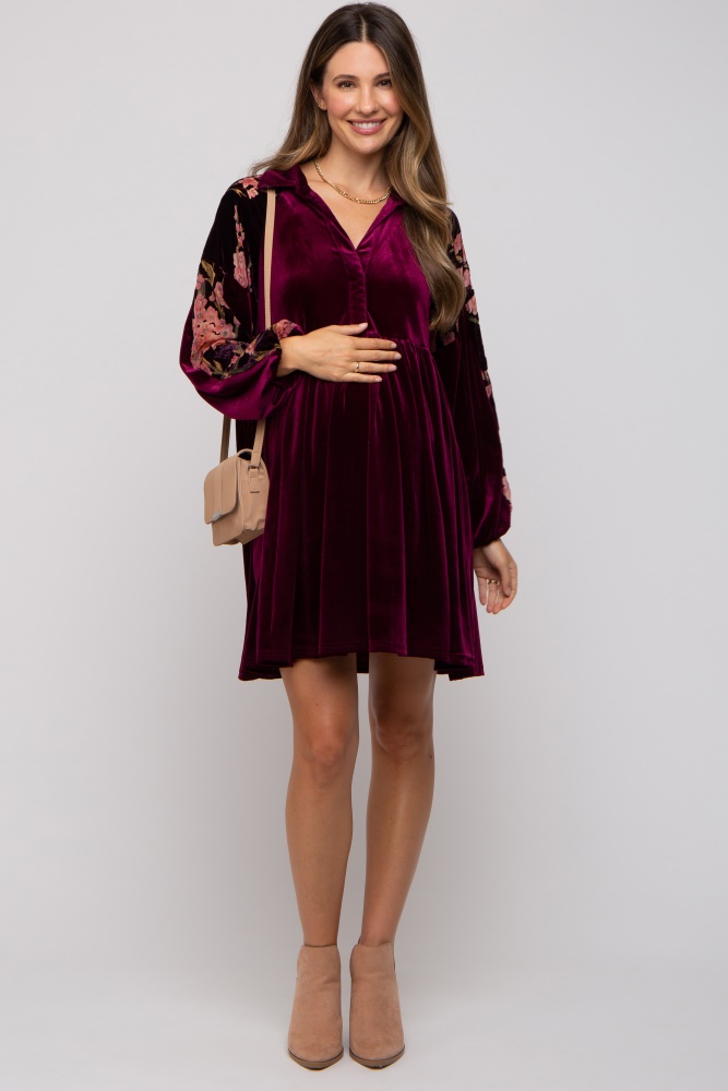 plum velvet floral long sleeve maternity dress