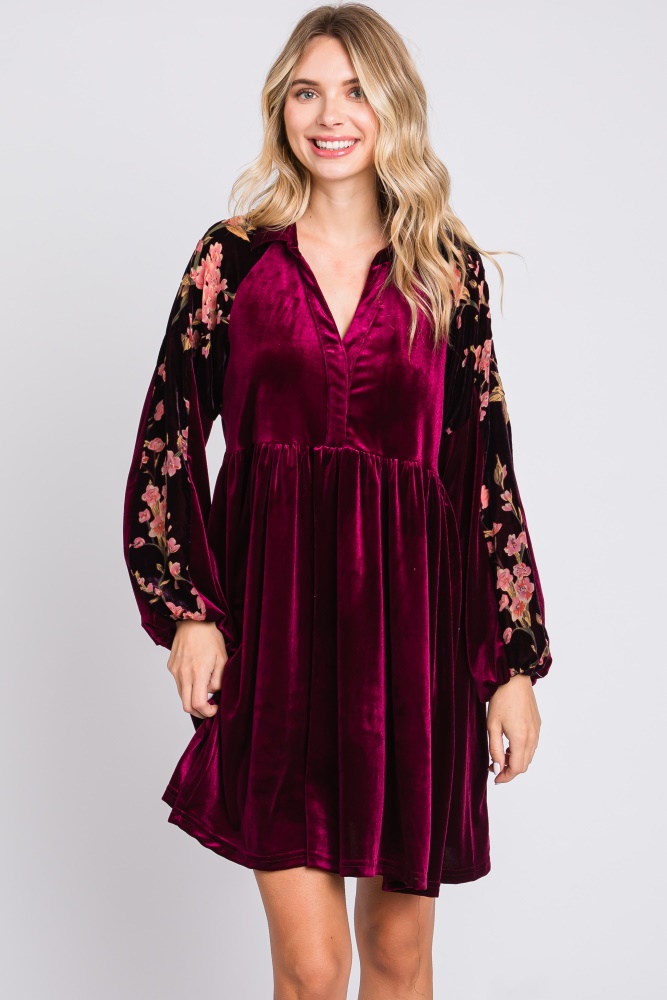 plum velvet floral long sleeve dress