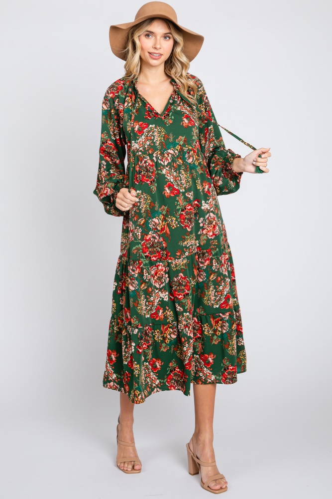 forest green floral ruffle neck tiered midi dress