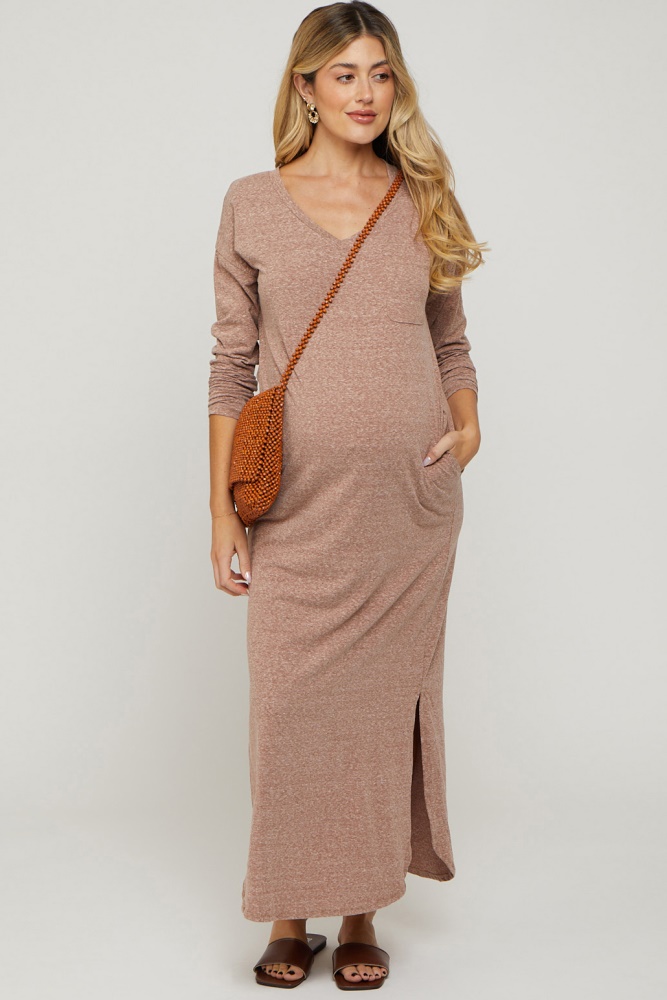 mocha heathered pocketed long sleeve maternity maxi dress