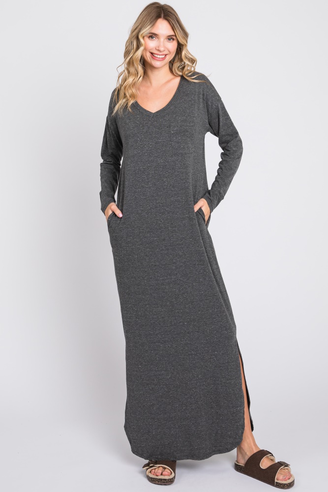 charcoal heathered pocketed long sleeve maxi dress