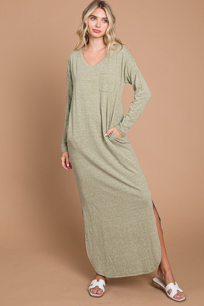 light olive heathered pocketed long sleeve maxi dress